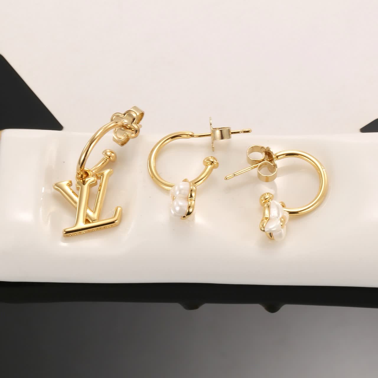 Louis Vuitton Gold Tone Logo & Pearl Flower Hoop Earrings